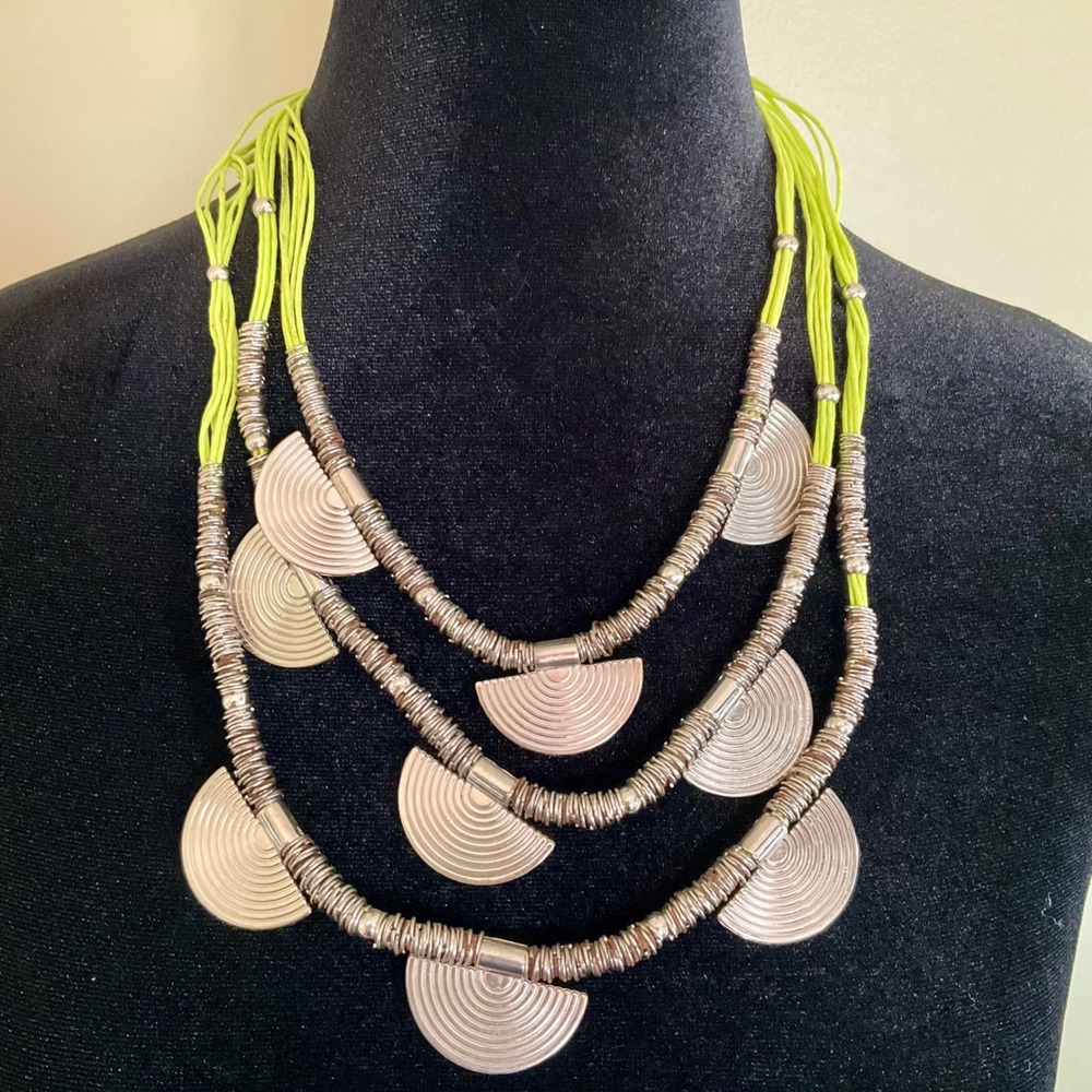 Boho Lime Green Multi Strand Statement Necklace Silver Tone Fan Pendants Tribal